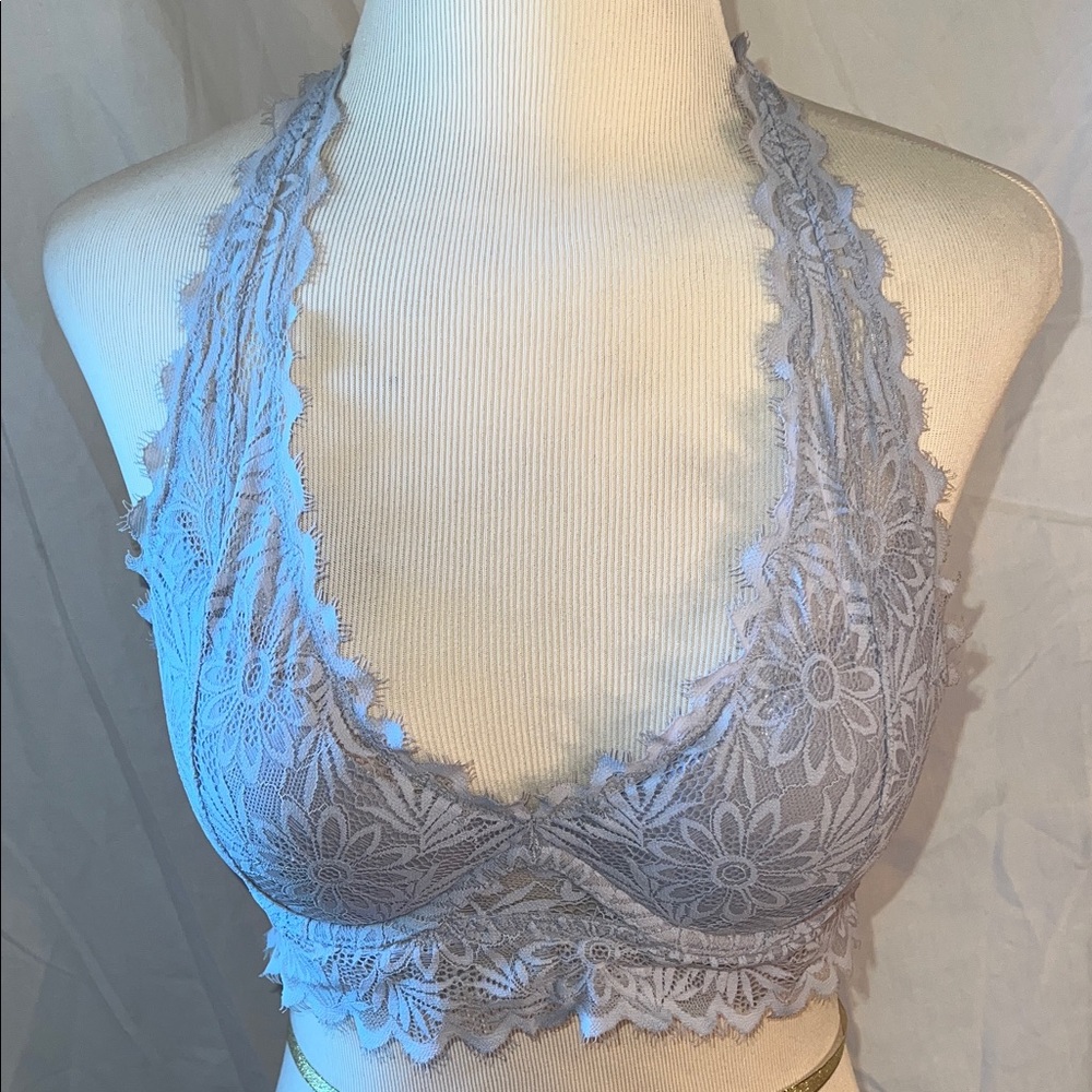 PINK Victoria's Secret Light Grey Lace Wired Halter Bralette - Picture 2 of 15